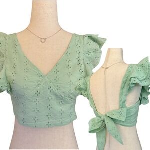 BCBGeneration Ruffle Sleeve Cotton Eyelet Crop Top Womens XS Mint‎ Back Tie Y2K